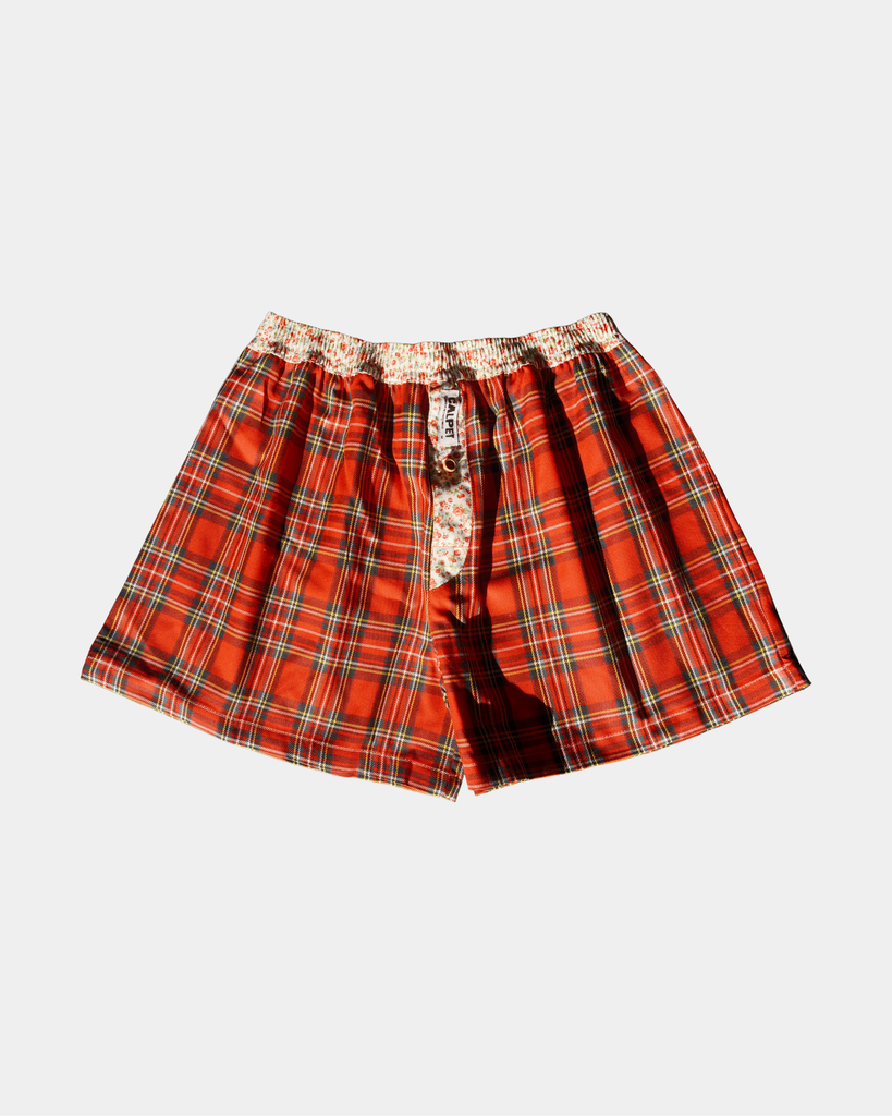 Caleçon parachute CALPET rouge à carreaux tartan écossais, coupe large avec ceinture et braguette fleurie